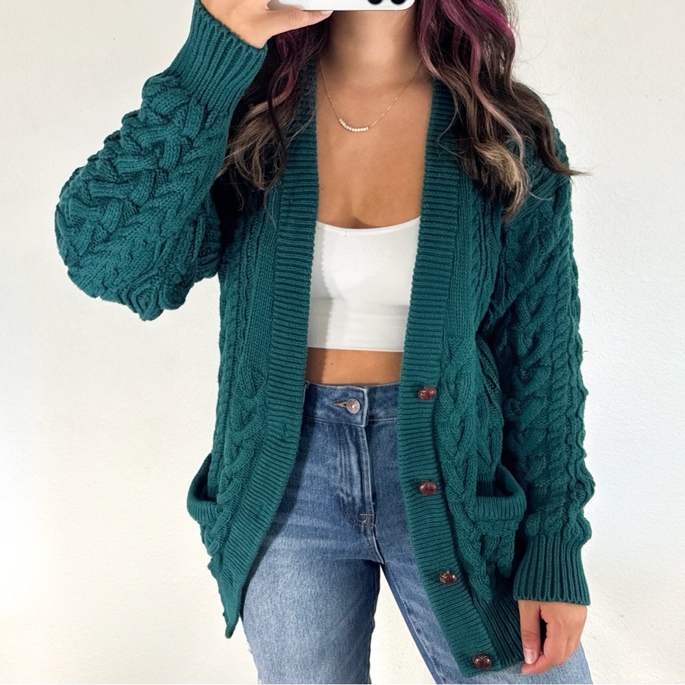 Turquoise green chunky cable knit cardigan sweater